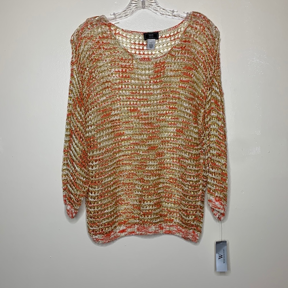 LARK LANE by Worthington Sweater Orange & Gold MULTI CAMERON STRIPE Open Knit L